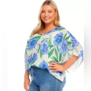Karen Kane Floral Scoop Neck Asymmetric 3/4 Bell Sleeve Blouse Size 2X